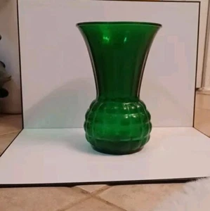 1960s Forest Green Emerald Blown Glass Vase Bulbous Ball Ribbed Quilted 9"H VTG - Picture 1 of 5