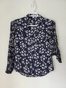Express Portifino Floral Blouse Small  Black Blue Roll Tab Sleeve - Picture 1 of 9