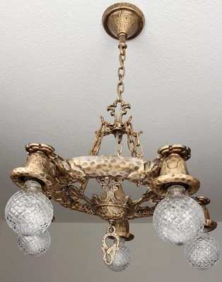 Early Antique RARE Hammered Ceiling Light Fixture CHANDELIER - Image 1 of 4
