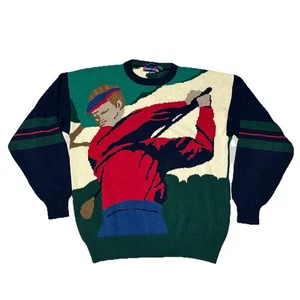 Vintage 1990s Knit Sweater Gol AOP SZ L Hand Intarisa Augusta Masters Fisherman - Picture 1 of 10