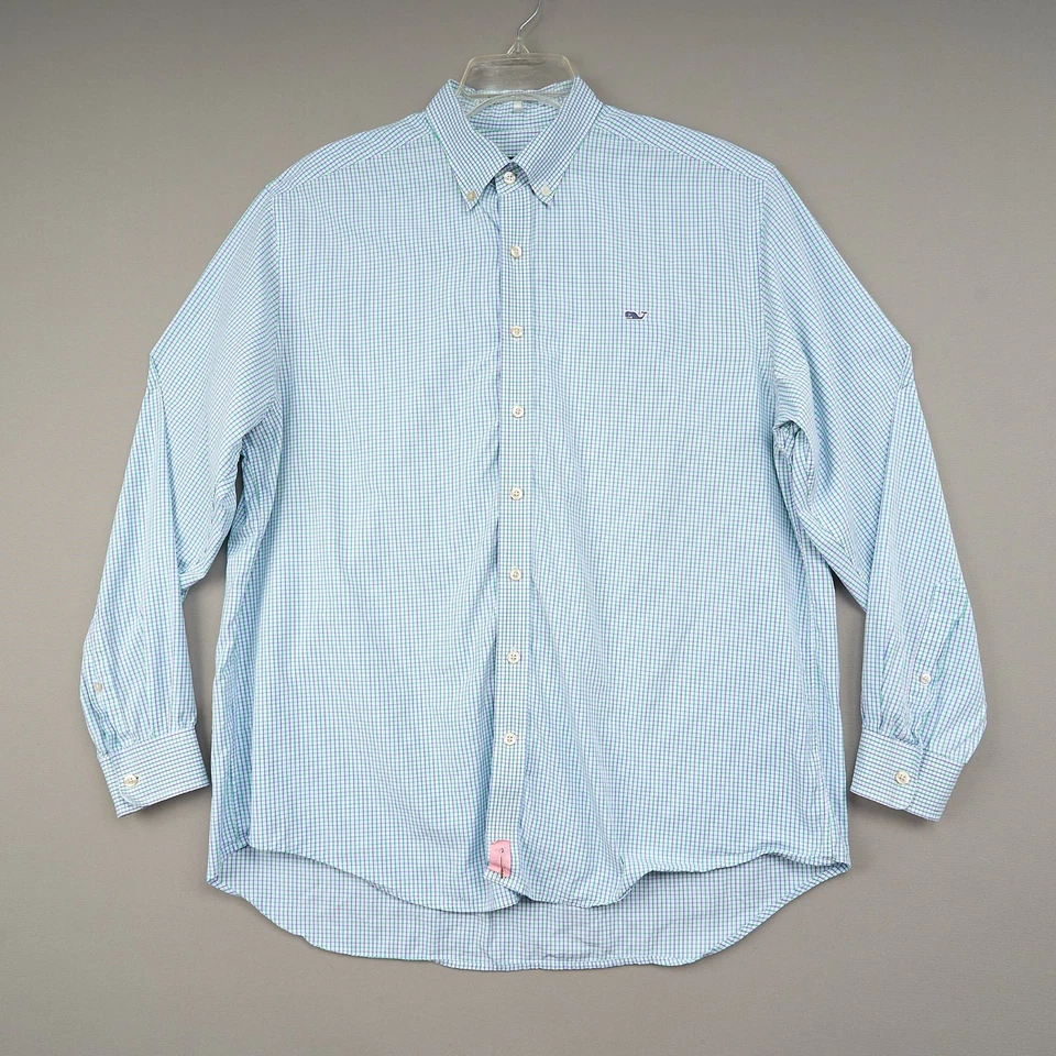 Vineyard Vines Shirt Men XL Blue Green Check Whale Cotton Slim Fit Button Up - Image 1 of 4