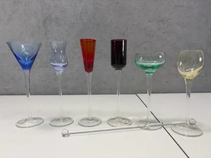 Vintage Set of 6 Multicolored Long Stem Blown Cordial Liqueur Glasses w Stirrer - Picture 1 of 7