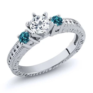 0.86 Ct Round White Topaz London Blue Topaz 925 Sterling Silver Ring - Picture 1 of 2