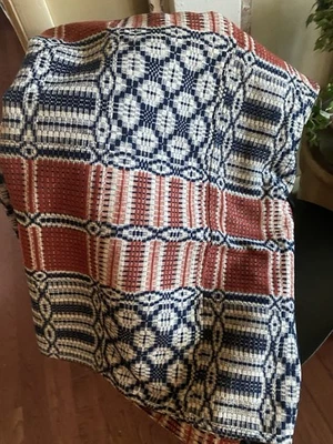 antique coverlet 3 color Rusty red, Beige & Navy Blue, 2 Seams Large Coverlette - Image 1 of 4