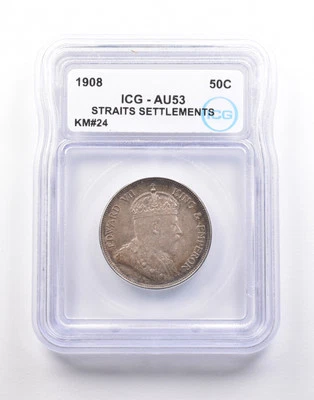 1908 Straits Settlements Half Dollar KM#24 AU53 ICG *5145 - Image 1 of 3