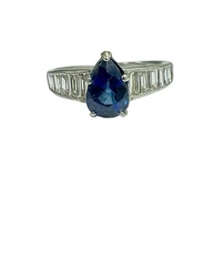 Estate 2.50 ctw Pear Blue Sapphire Baguette Diamonds Platinum Ring - Picture 1 of 6