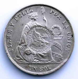 SC. Republica Peruana. 1 Sol, Resello de 1/2 Real 1894 Guatemala. EBC/XF. 25 g. - Imagen 1 de 2