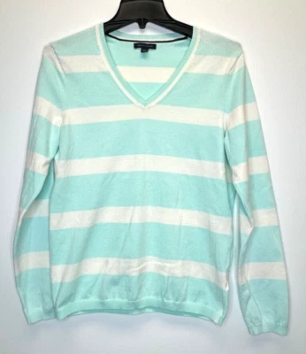 Suéter Tommy Hilfiger Para Mujer Grande Verde Menta Blanco Rayas Pullover Mancha Foto 1 de 4