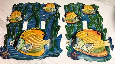 Металлические крышки переключателей света с рыбками двойные и одиночные синие зеленые оранжевые с надписью - Изображение 1 из 4