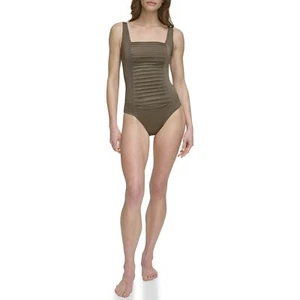 Calvin Klein Women's Full Coverage Pleated Panel One Piece Swimsuit Bronze 10 - Picture 1 of 2