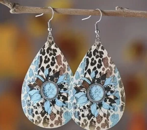 Women 2-sided Western Retro Leopard Sunflower Waterdrop Dangle Earrings Boho New - Picture 1 of 4