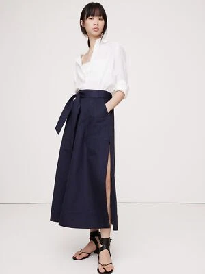 BANANA REPUBLIC Cotton Sateen Side-Slit Long Midi Skirt NWT - SMALL Navy #743515 - Image 1 of 4