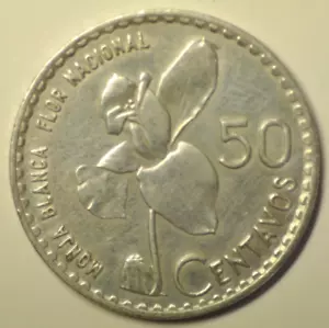mw25935 Guatemala; Silver 50 Centavos 1962 Whitenun Orchid KM#264 - Picture 1 of 2