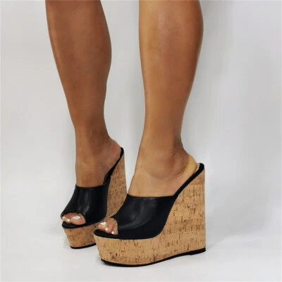 Mujeres Bombas Punta abierta Plataforma Cuña Tacón Alto Mules Verano Moda Sandalias Zapatos Foto 1 de 4