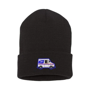 Mail truck embroidered black beanie hat, mail delivery truck car beanie hat - Picture 1 of 3