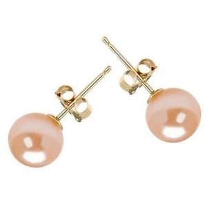 Pendientes de perlas rosas cultivadas AAA genuinas de 7-7,5 mm en oro amarillo de 14 K - Imagen 1 de 1