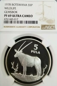1978 BOTSWANA SILVER 5 PULA S5P WILDLIFE GEMSBOK NGC PF 69 ULTRA CAMEO TOP POP - Picture 1 of 3