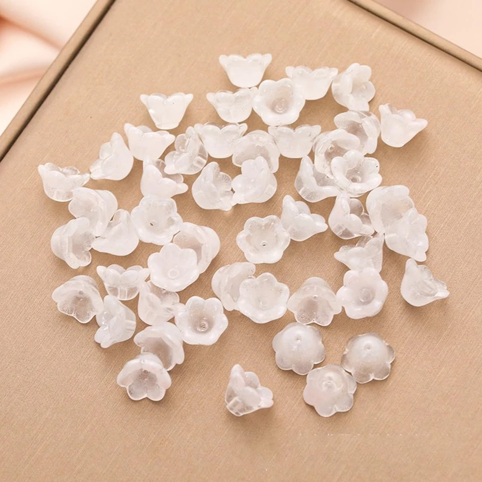100 Glass Bell Flower Beads White Floral Findings Jewelry Making Supplies Bulk - Image 1 of 1