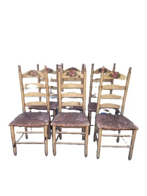 Escalera respaldo asiento rush sillas de comedor con pintado a mano floral Foto 1 de 4