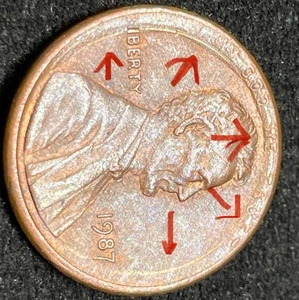1987-P U.S. Penny, Die Cap/cupped coin Error - Picture 1 of 4