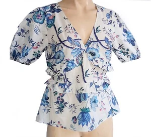 Oasis Bianco/Cotone Blu Camicia Taglia 12 Frilly Maniche Corte Scollo V - Foto 1 di 5