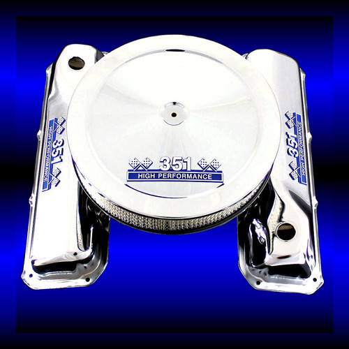 MotorChrome Chrome Valve Covers & Air Cleaner Combo For Oldsmobile 350 Engines - Bright Blue 350 Emblems