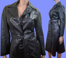 Vintage 70s Black Leather Trench Coat Long Belted Spy Coat Wide Collar Size XS