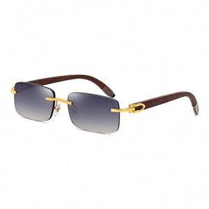 Men's Rimless Gold Frame Purple Gradient Tint Woodgrain Hip Hop Sunglasses​