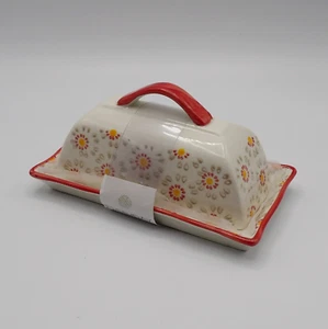 RED & GRAY FLORAL LIDDED BUTTER DISH BY BOSTON WAREHOUSE BRAND NEW - Bild 1 von 14