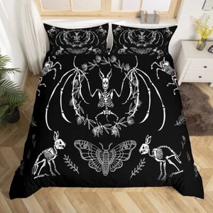 Skull Duvet Cover Bat Skeleton Comforter Cover Boho Moth Gothic Skull Bedding... - Picture 1 of 6