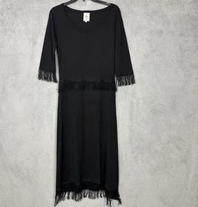 Jenny New York Womens Midi Dress 3/4 Sleeve sz M Black Fringed Hem Silk Cashmere - Picture 1 of 13