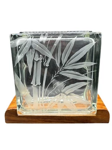 Mid-century Hawaiian Acid Etched Bamboo Glass Block Vase w/ Monkey Pod Wood Base - Picture 1 of 7