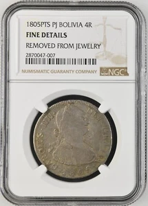 BOLIVIA COLONIAL SPAIN 4 REALES 1805 PTS POTOSI KING CARL IV NGC FINE DETAILS - Picture 1 of 4