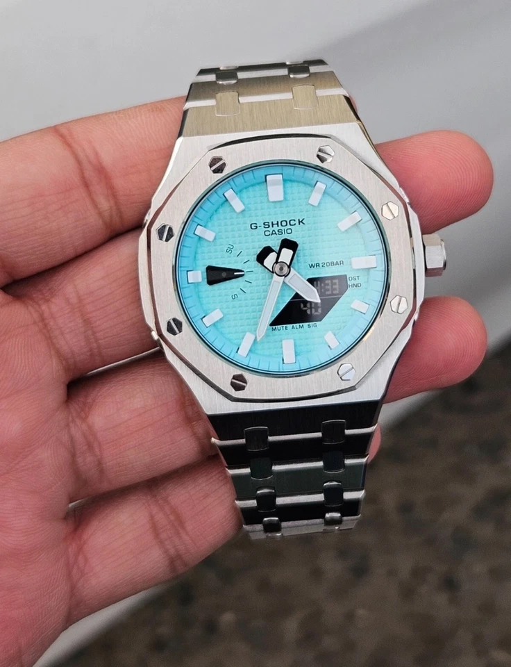 Casio G-Shock GA2100 Personalizado Modificado Bebé Esfera Azul y Pulsera de Acero Inoxidable Foto 1 de 4