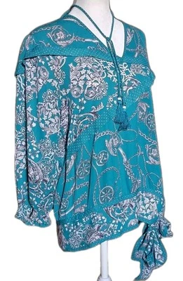 Blusa vintage anos 80 Diane Freis com adorável gravata magra com miçangas cintura larga G - Imagem 1 de 4