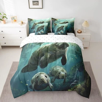 Kids Manatee Comforter Set Twin Size 7 PCS, Cartoon Nautical Animals Bedding ... - Image 1 of 4