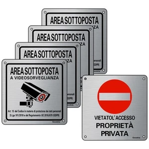 4 Cartello Area Videosorvegliata +1 Proprietà Privata, Alluminio Adesivo 15x15Cm - Foto 1 di 5