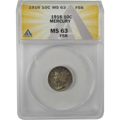 1916 Mercury Dime MS 63 FSB ANACS Silver Uncirculated SKU:I20167 - Image 1 of 4