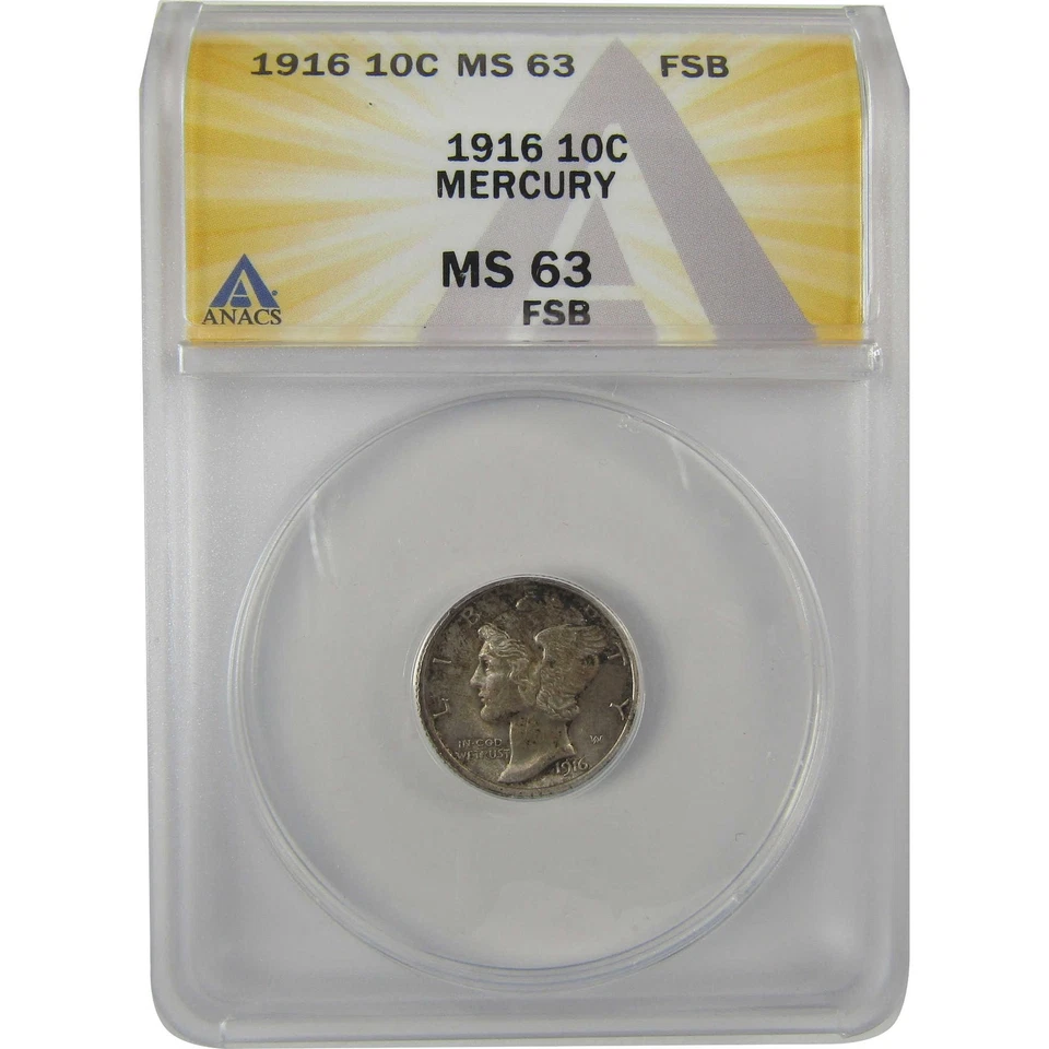 1916 Mercury Dime MS 63 FSB ANACS Silver Uncirculated SKU:I20167 - Image 1 of 4