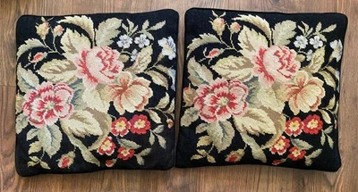 2 x Vintage floral tapestry wool needlepoint velvet backed cushion covers 40cm - Image 1 of 4