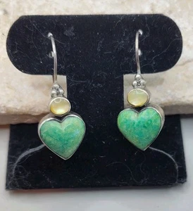 Orecchini pendenti goccia vintage argento sterling 925 diaspro verde a forma di cuore - Foto 1 di 17