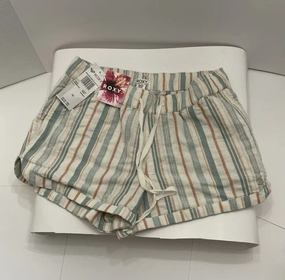 NWT Roxy 100% Cotton Oceanside Women’s Striped Shorts Teal Cream Orange Size XS - Image 1 of 4