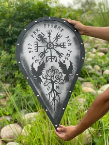 Viking Norse Wooden Shield - Vegvisir & Ravens Design - Wooden Shield for Cospla - Picture 1 of 9