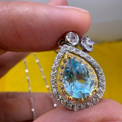 925 Sterling Silver Necklace 8x5mm Natural Topaz Gemstone Zircon Teardrop Bridal - Image 1 of 4