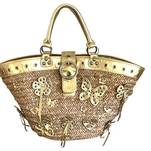 Rafe New York große Stroh gewebte goldene Schmetterlinge und Fransen Handtasche Beuteltasche Boho... - Bild 1 von 20