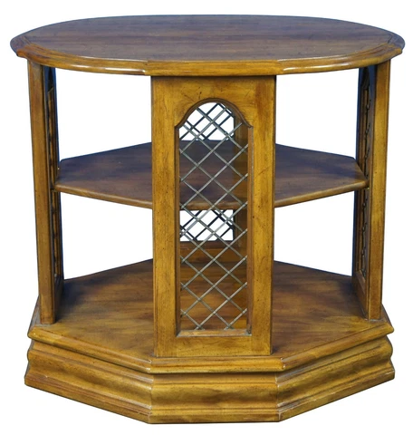 1989 Davis Cabinet Walnut 3 Tiered Octagonal Oval Side End Book Table Lattice Cover