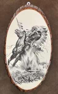 Native Warrior on Horseback Print on Wooden Plaque 18" x 10 1/2" Eagle Feathers - Picture 1 of 7