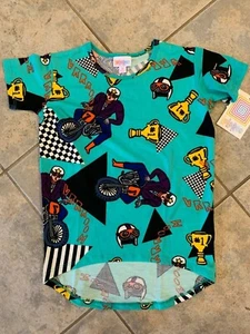 LuLaRoe Kids Gracie Size 8 Green/Multi Dirtbike Racing Theme Short Sleeve Shirt - Picture 1 of 3