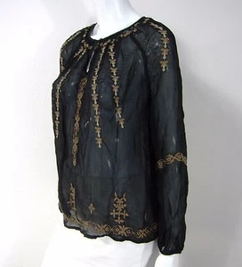 LUCKY BRAND LONG SLEEVE EMBROIDERED BLOUSE SIZE S Small BLACK CREW NECK 224 - Picture 1 of 9