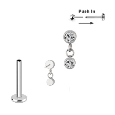Titan Push in Pin mit Kristall Anhänger Labret Ohr Helix Piercing Silber Stecker - Bild 1 von 2